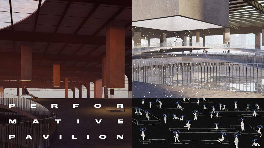 Visualisations of an exterior space in dark brown tones, and blue and white. There is white text in the bottom left of the image which reads 'performative pavilion'.