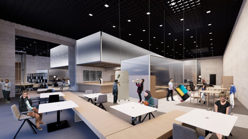 Visualisation of a gallery space in colours of grey, black and white with people sat at tables.