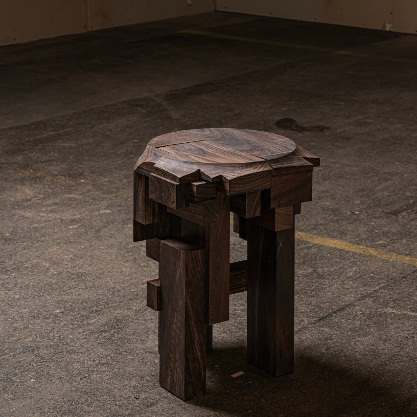 Carved wooden stool on show in Bucharest 