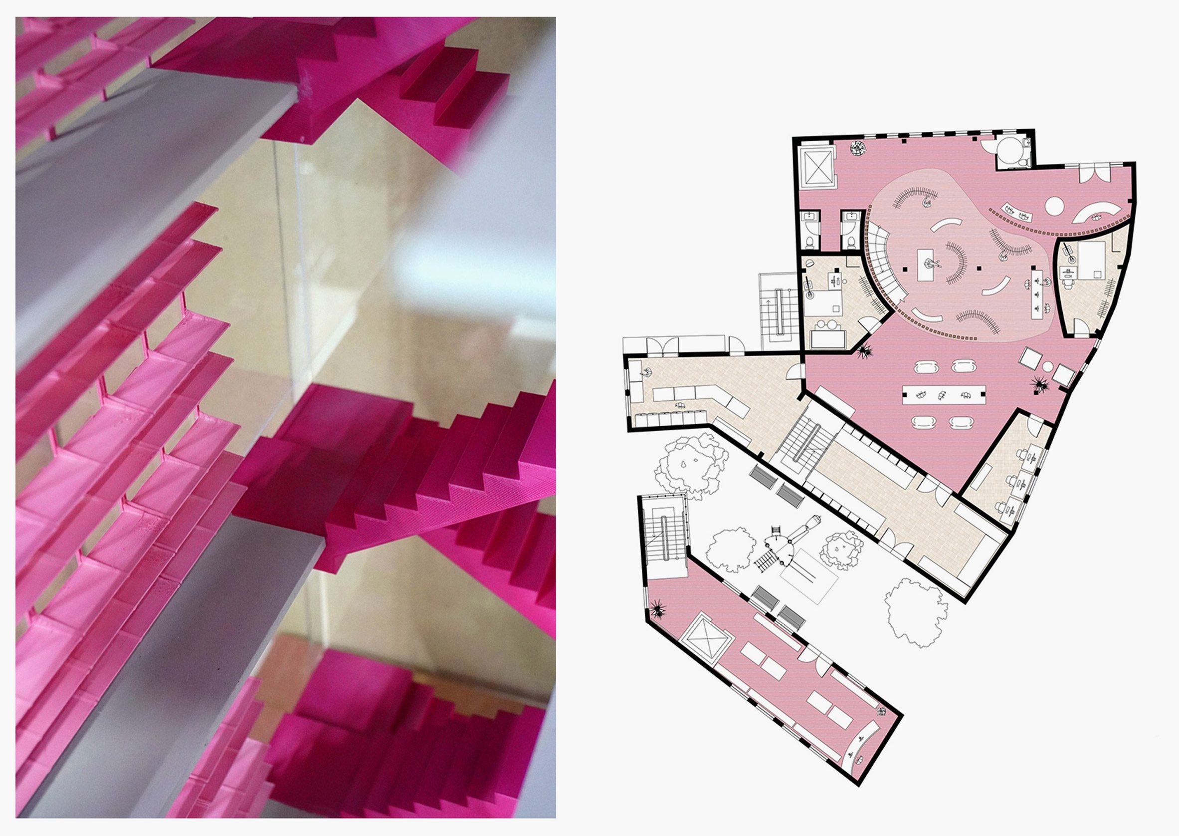 A close up photograph of an architectural model showing pink stairs and wooden walls, next to an architectural floorplan in colours of pink and beige.