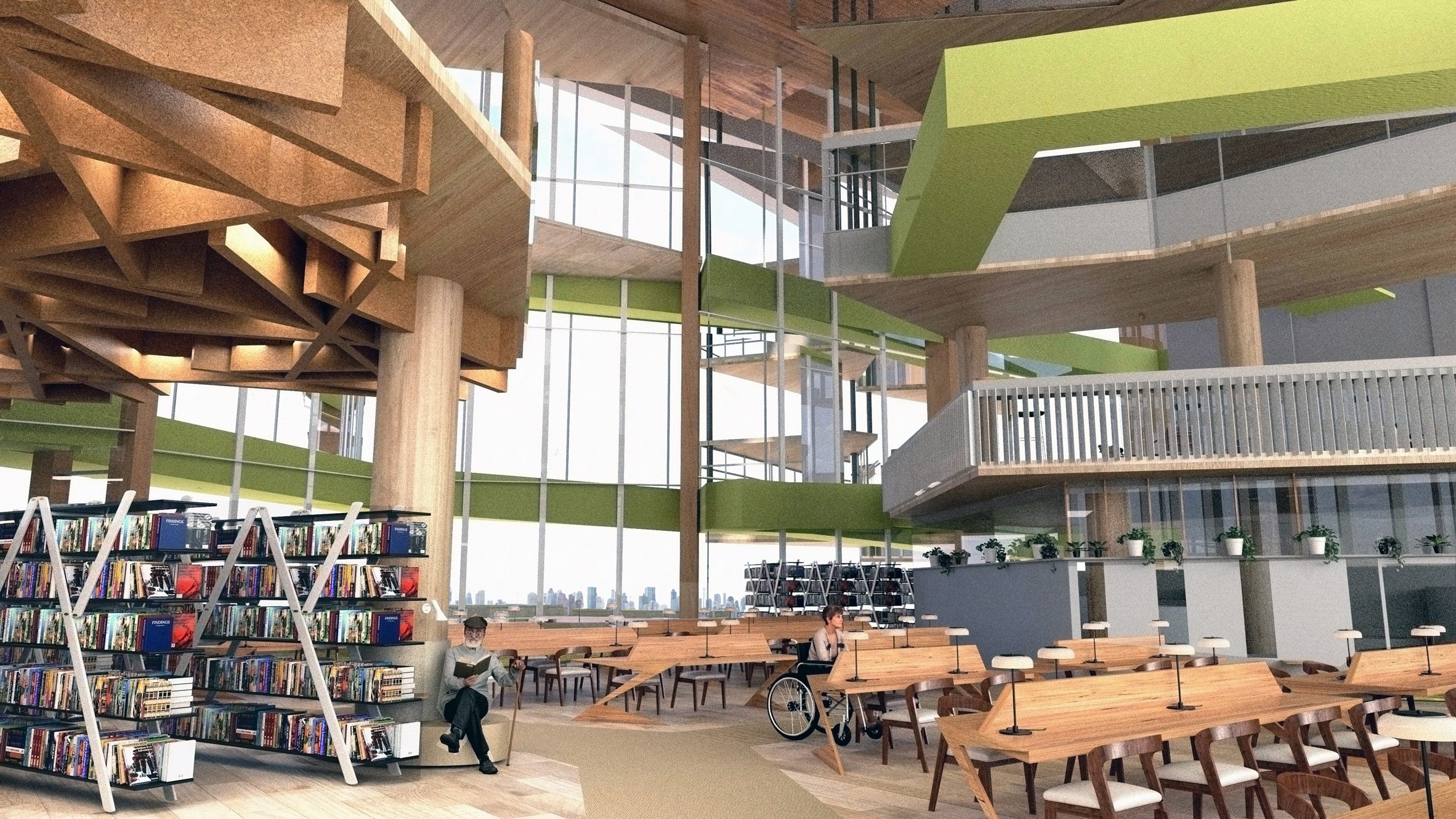 Visualisation of the interior of a library, showing brown tables with people sat at them and bookshelves in front of tall windows.