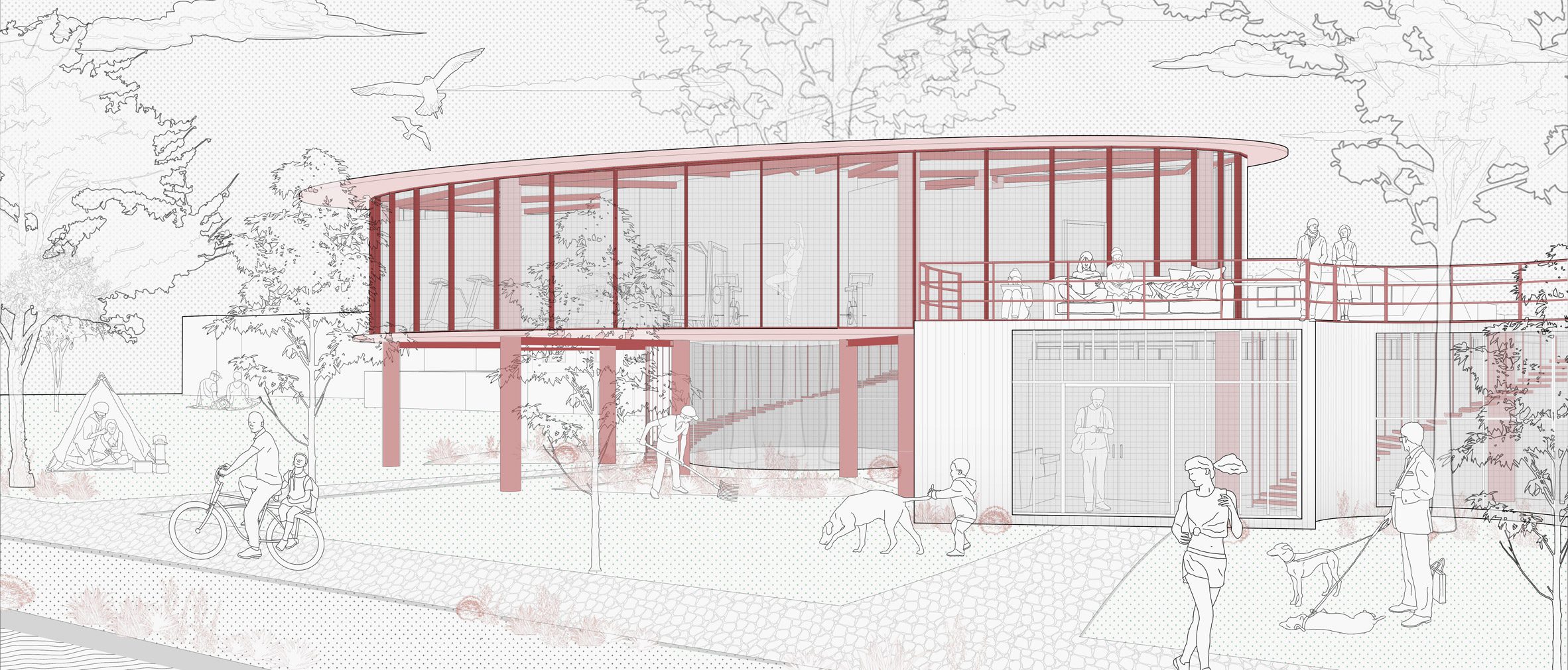 A visualisation of a red building amongst black and white illustrations of people, trees and animals.