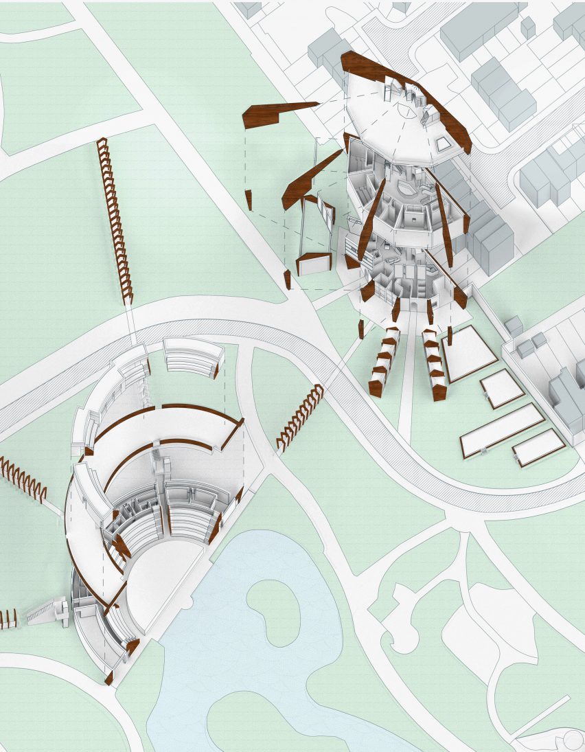 Visualisation of an architectural plan in colours of brown, white, grey, green and blue. 