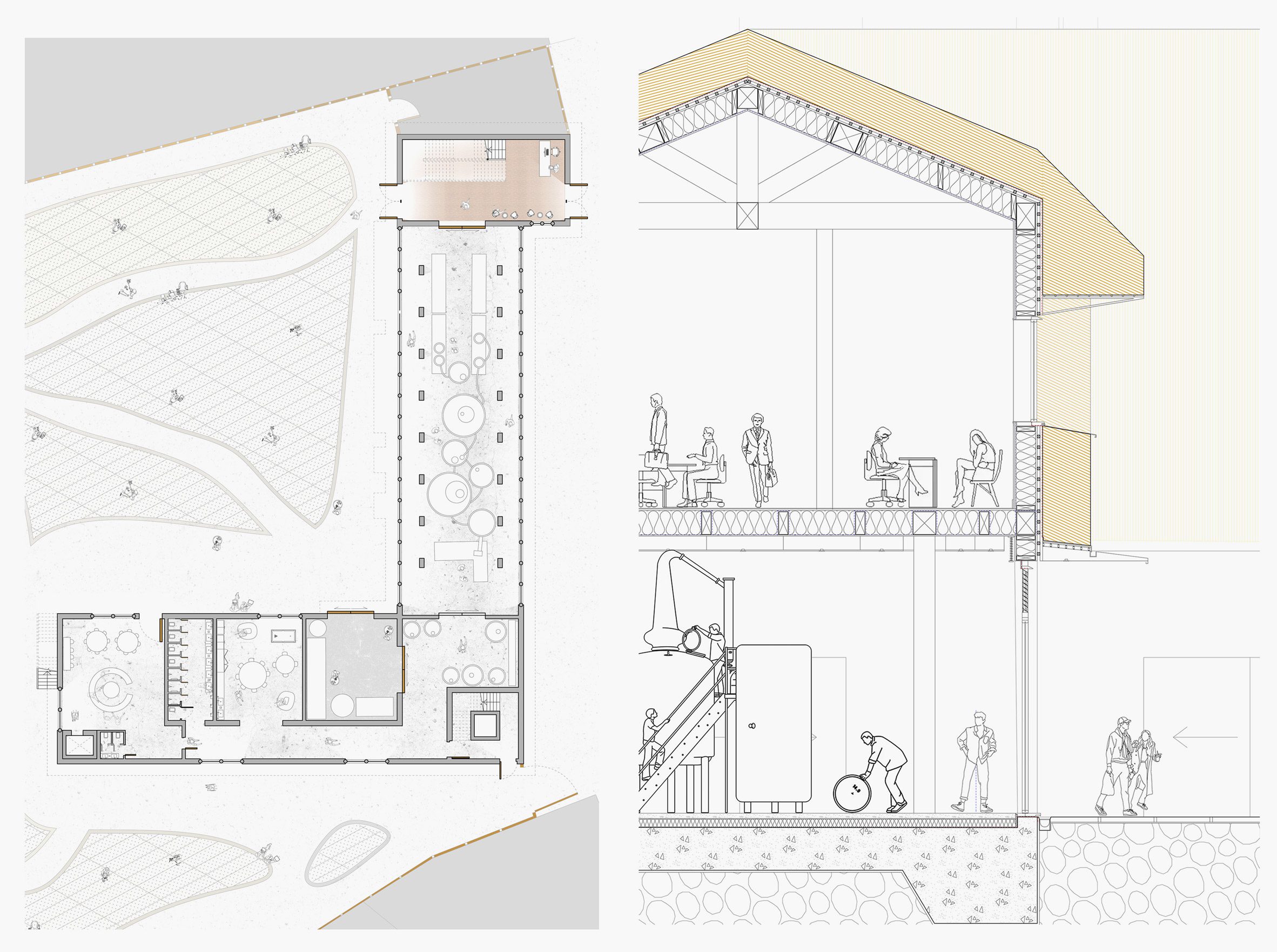 Architectural drawing of a building plan and its interior plan, with people in the space, in colours of black, white, yellow and grey.