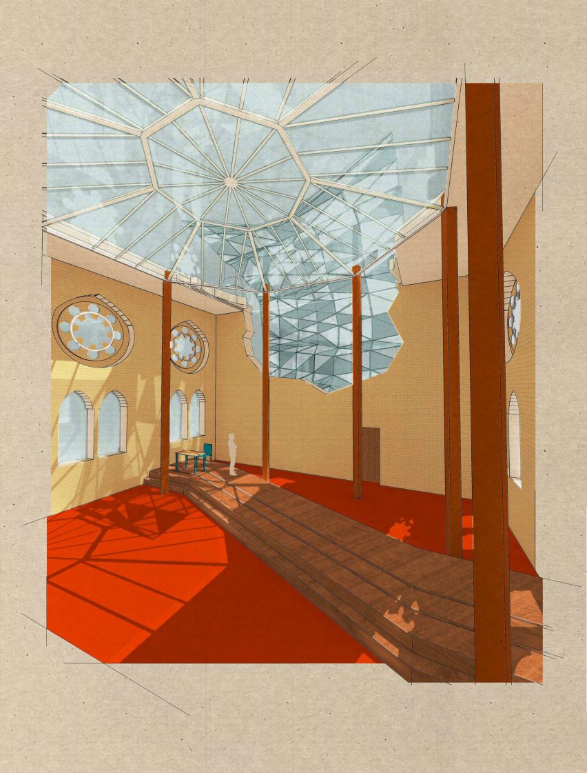 Visualisation of an interior space in colours of red, yellow, blue and brown.