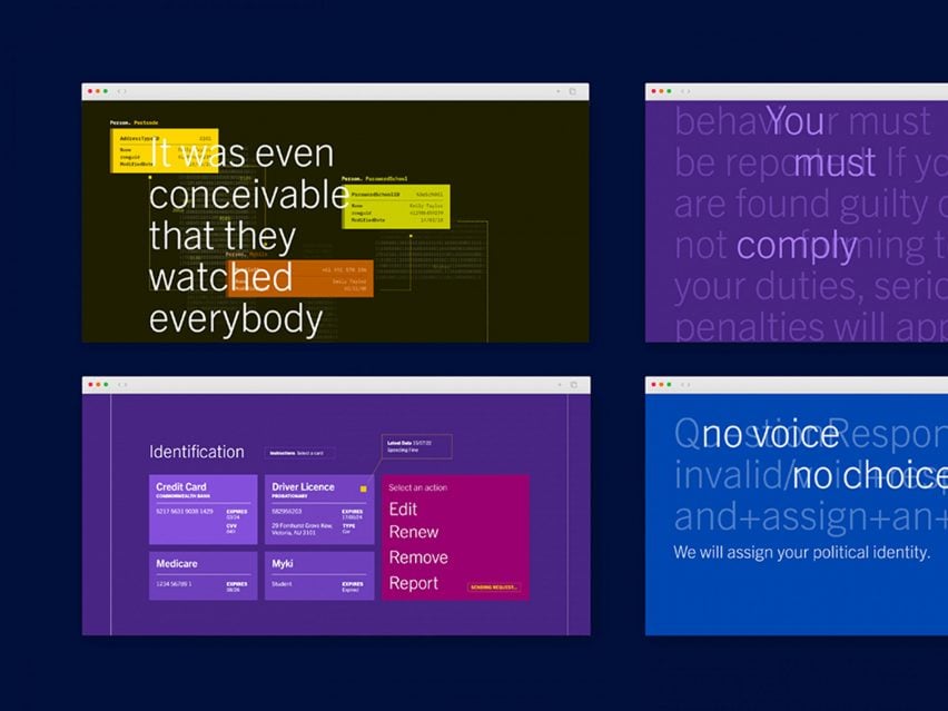 A visualisation displaying different webpages with varying white text on them, amongst colours of green, yellow, orange, purple, pink and blue.