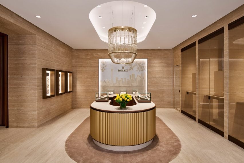 Rolex boutique Toronto interior with stone walls and flooring