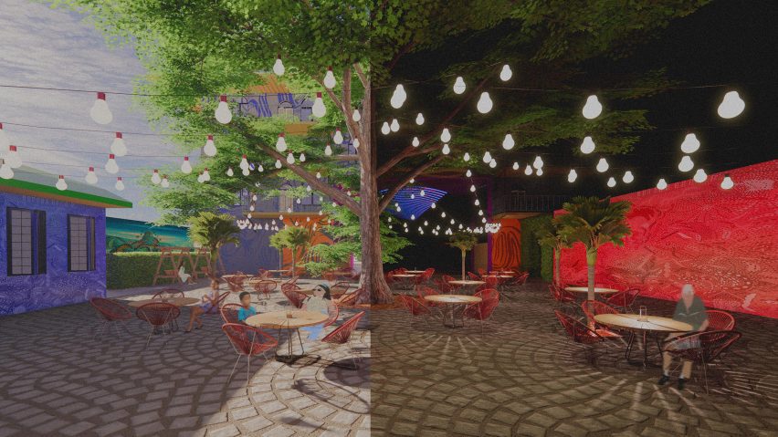 A visualisation of an outside space, displaying a patio with tables and red chairs, a large green tree and hanging lights. It split vertically into two images, with one displaying it in daylight with blue sky and the other at night with a black sky.