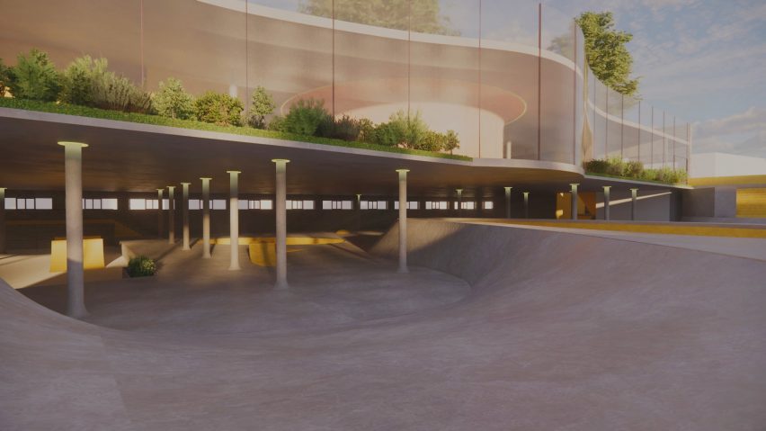 Visualisation of a skate park and outdoor social space, made up of grey concrete, pillars and greenery. 