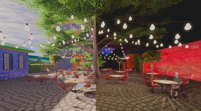 A visualisation of an outside space, displaying a patio with tables and red chairs, a large green tree and hanging lights. It split vertically into two images, with one displaying it in daylight with blue sky and the other at night with a black sky.