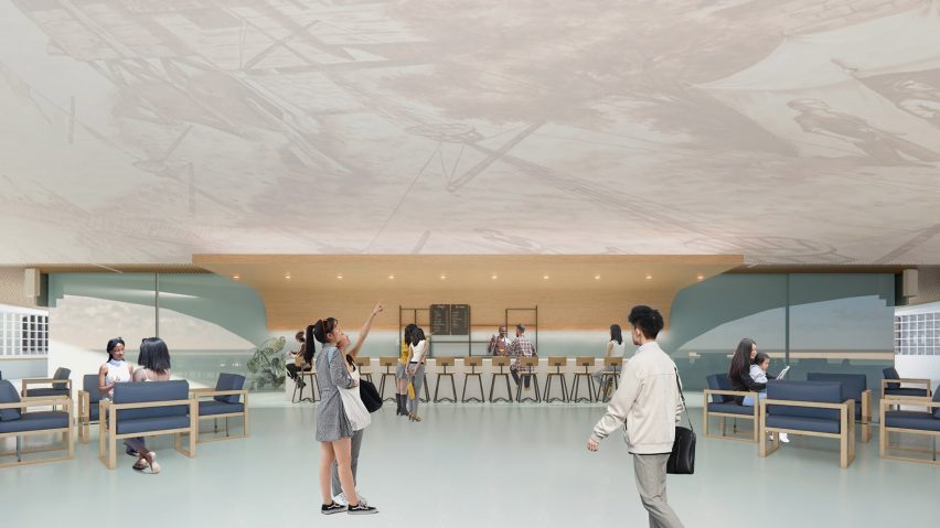 Visualisation of a blue interior of a community space with people sitting and walking through. 