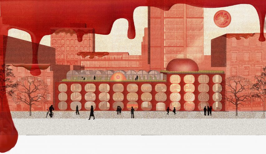 Visualisation of a red culinary complex on a beige background.