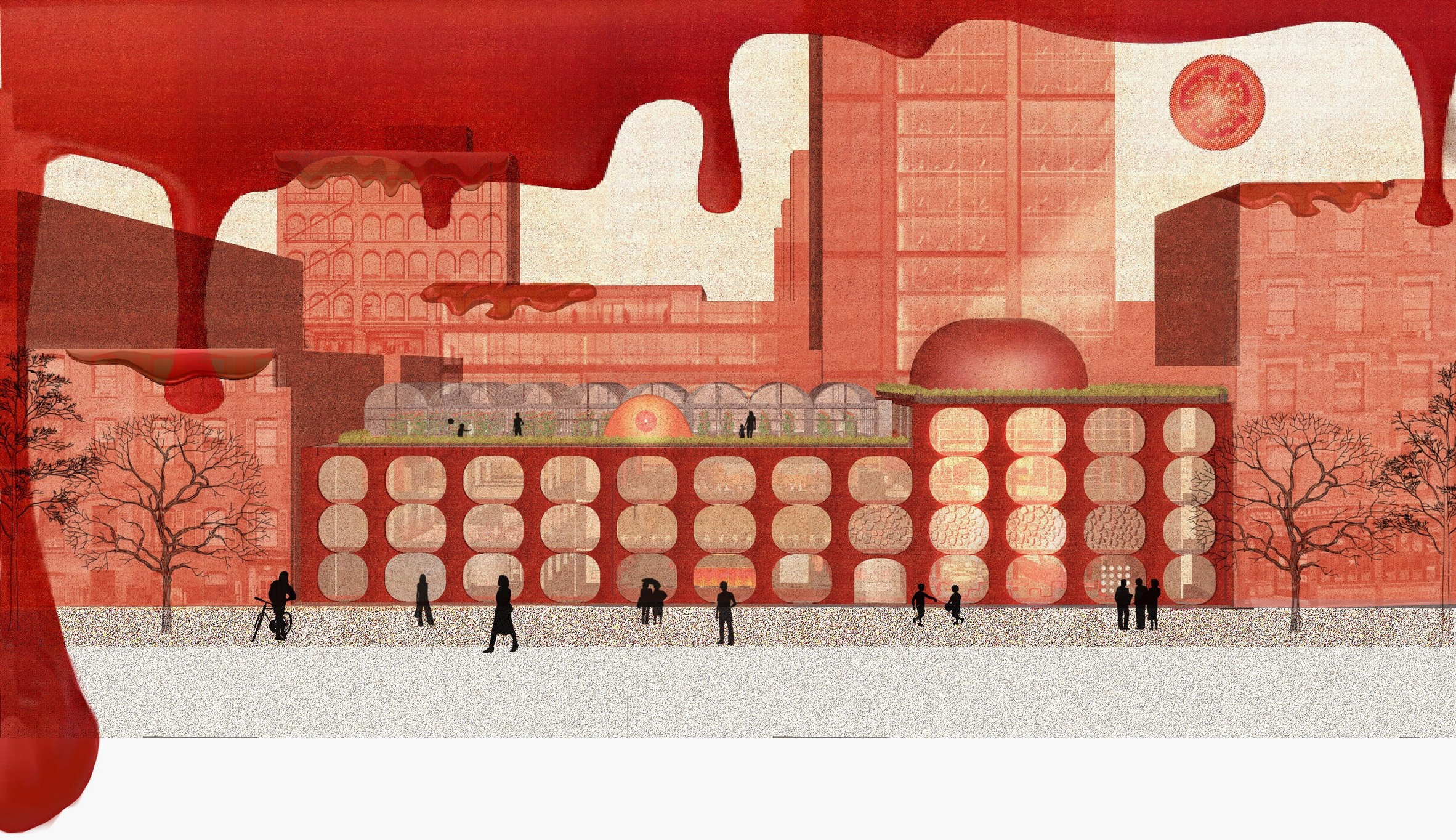 Visualisation of a red culinary complex on a beige background.