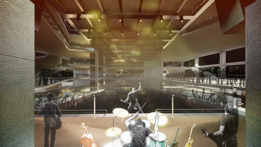 Visualisation of a music venue showing a band playing on a stage, with yellow lighting and brown wooden ceilings.