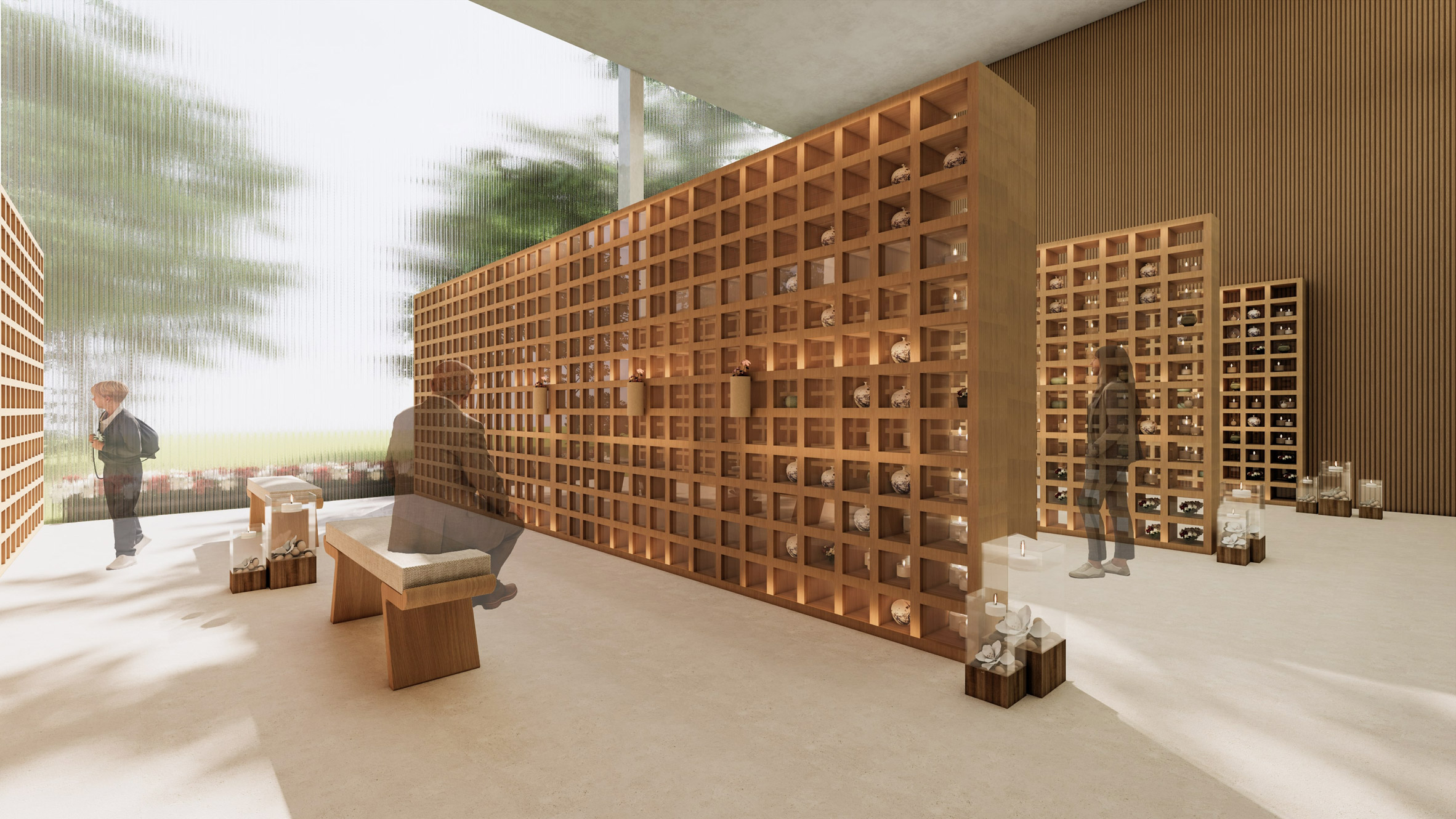 Visualisation of a funeral centre interior, showing tall brown wooden rectangular structures with people sitting on benches and passing through and a large glass window showing green trees outside. 