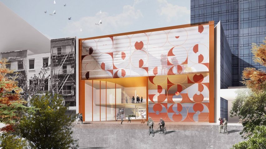 Visualisation of a community hub, with a transparent structure detailed with orange circular patterns.