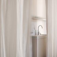 Kitchenette behind curtains