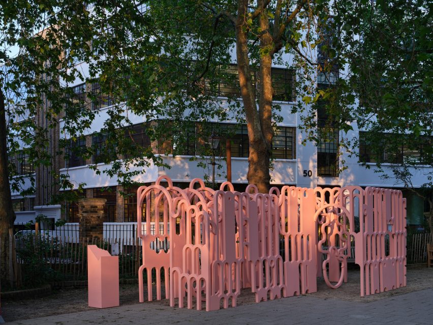 Pink pavilion among trees