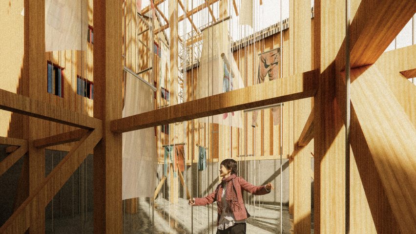 Visualisation of an interior space with large brown wooden structure, with a person in the space.