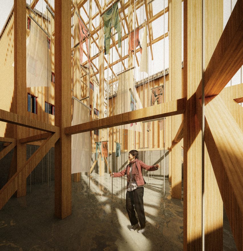 تجسم فضای داخلی با سازه چوبی قهوه ای بزرگ، با حضور فردی در فضا.