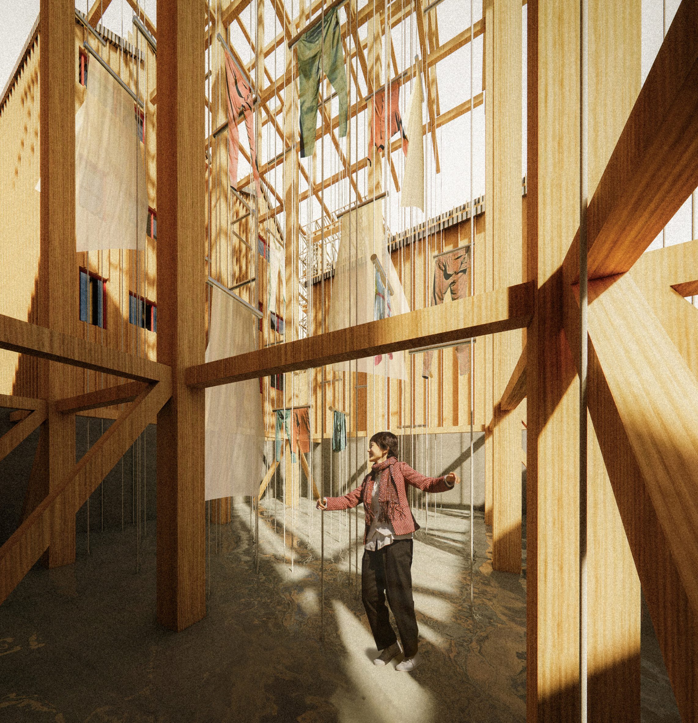 Visualisation of an interior space with large brown wooden structure, with a person in the space.