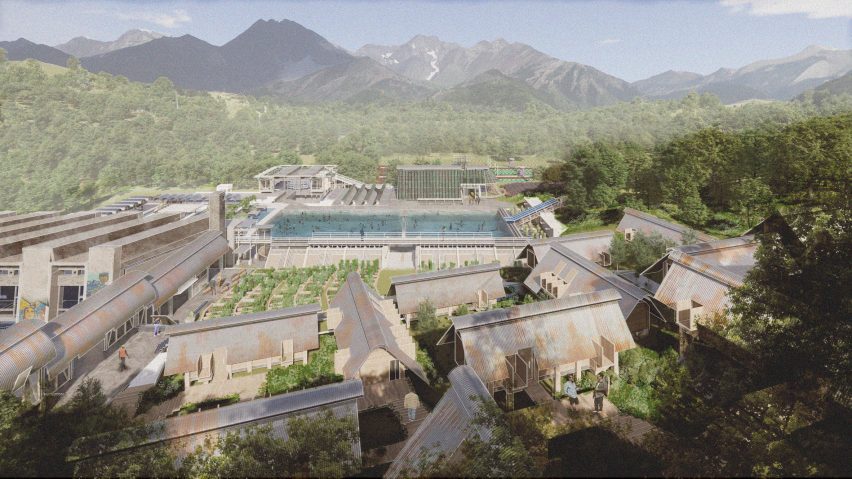 Visualisation of a green landscape with a blue swimming pool in view, surrounded by brown rooftops.