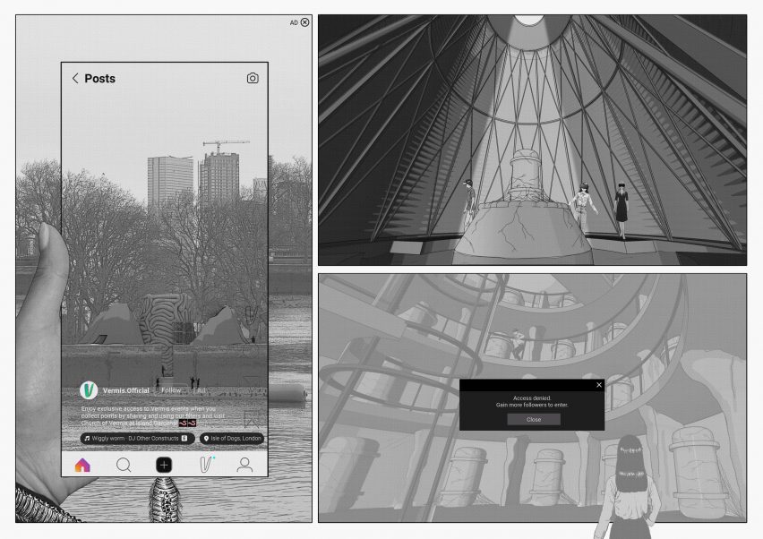 Series of digital illustrations in black and white, showing landscapes ad interiors.
