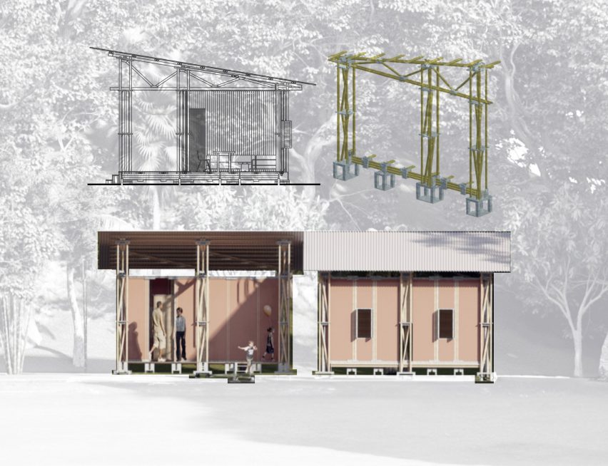 Visualisation of a building proposal in colours of brown, black and green, against a black and white photograph of trees.