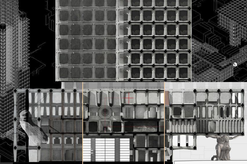 Visualisation of a building in black and white.