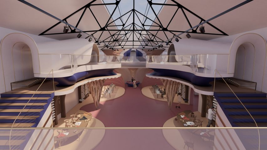 Visualisation of an interior space in colours of pink, purple, black and white.