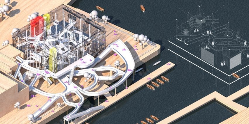 Visualisation and technical drawing showing a structure beside a harbour