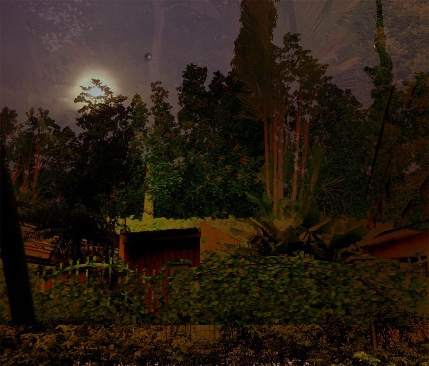 A visualisation of a garden space in colours of green and yellow, with a purple-coloured sky and luminous moon.