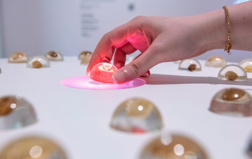 A person's hand handling a translucent pink circular object, lit up from light underneath.