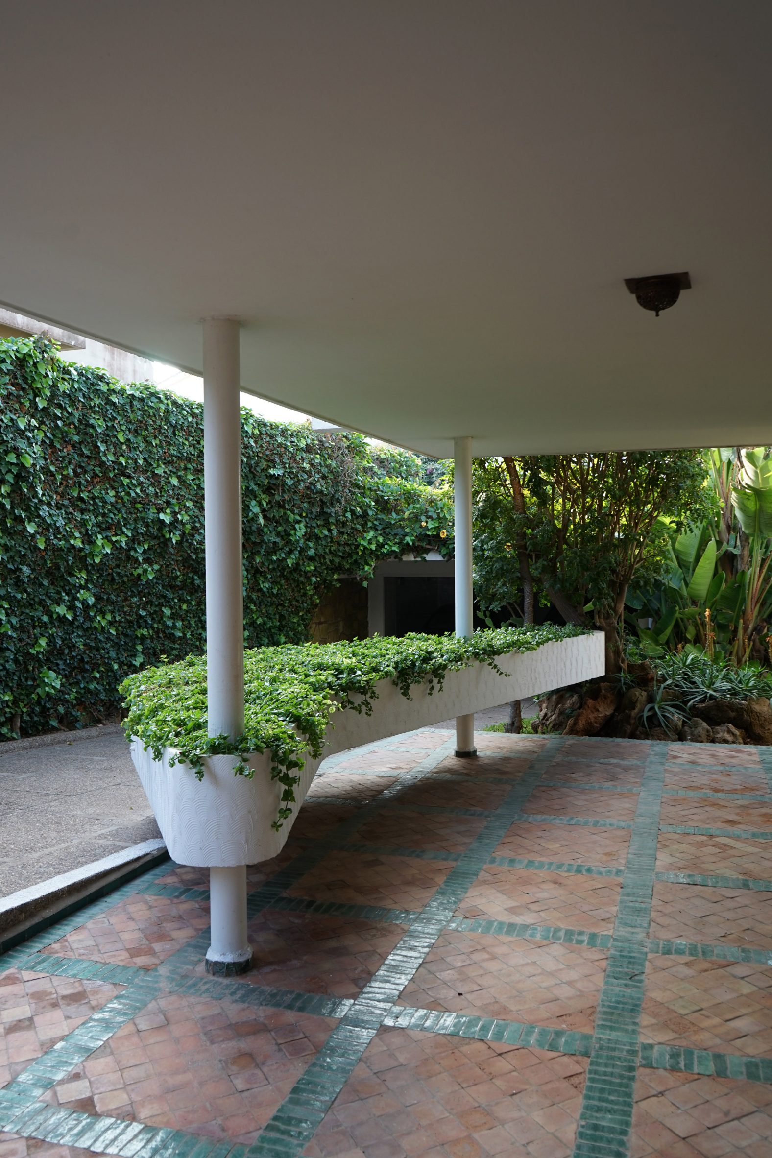 Boomerang-like planter in modernist house