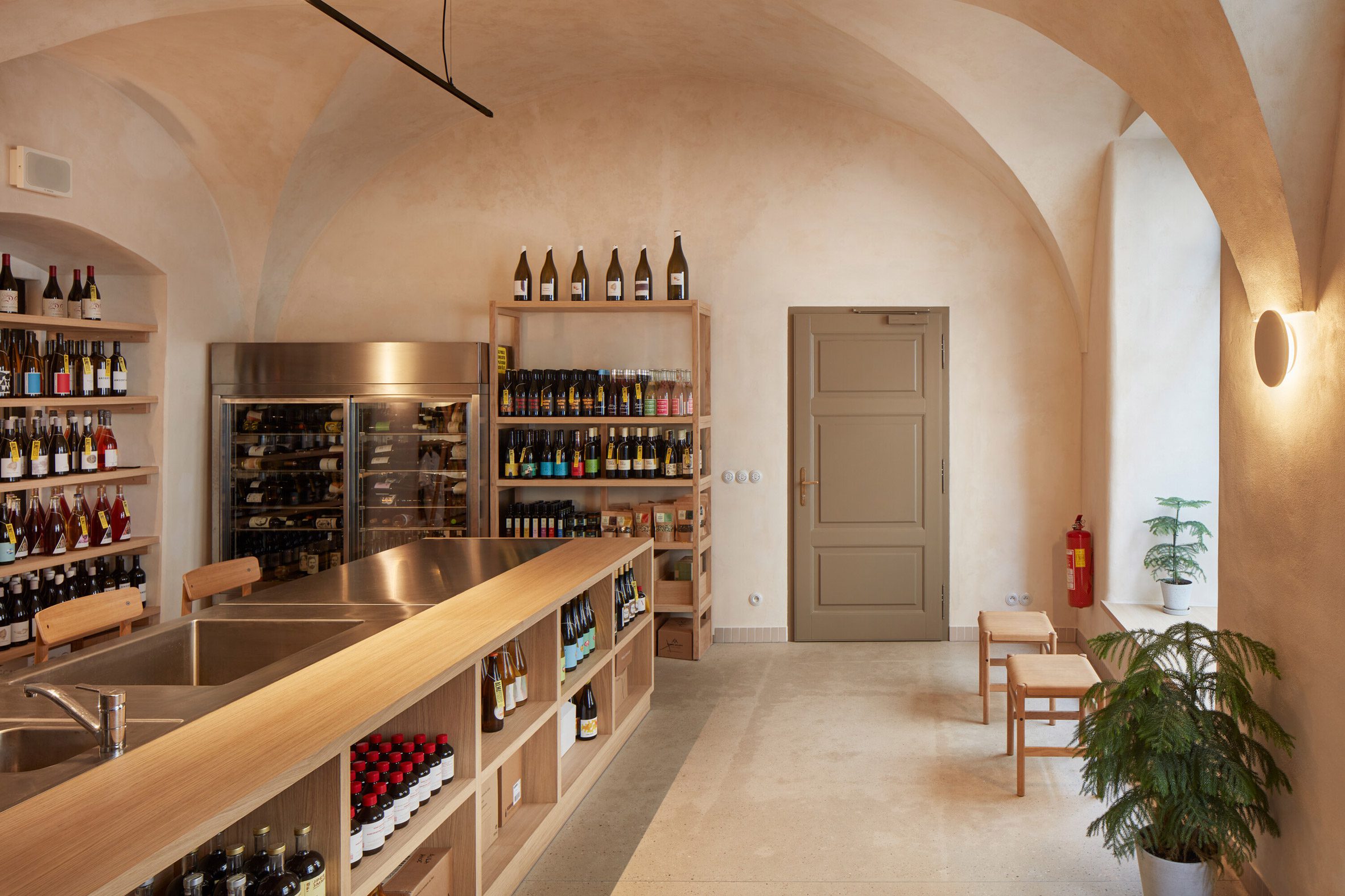 Wine shop interior with vaulted ceilings