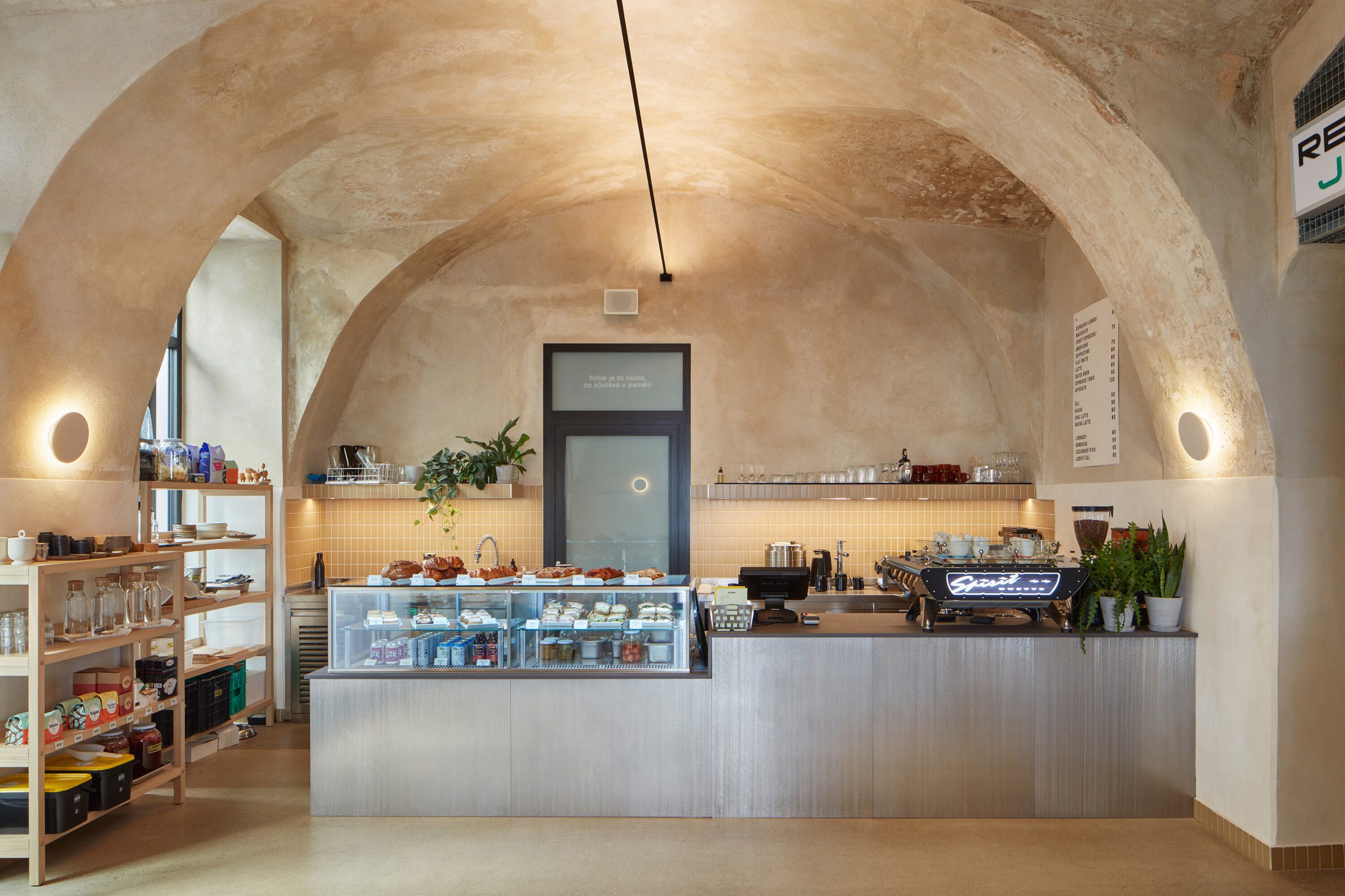 Bakery interior with vaulted ceiling