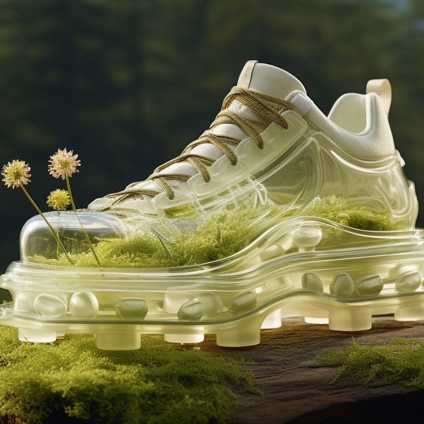 Visualisation of a shoe design in colours of green and yellow, with flowers around it.
