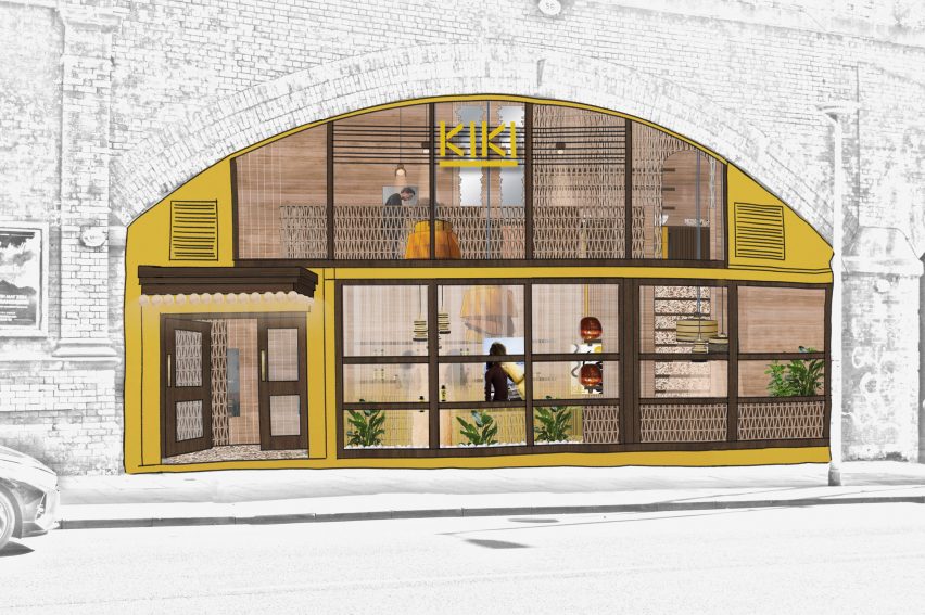 Visualisation of a hairdresser shop front in colours of yellow and brown.