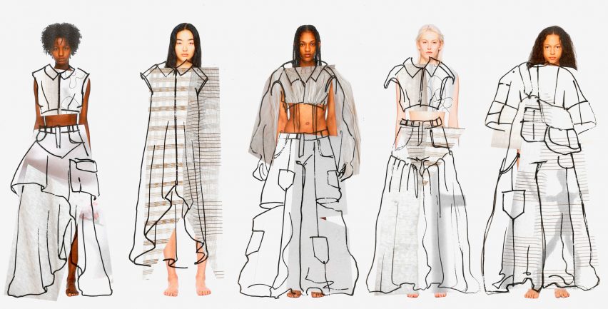 An image of fashion illustrations, displaying five models with looks drawn onto them.