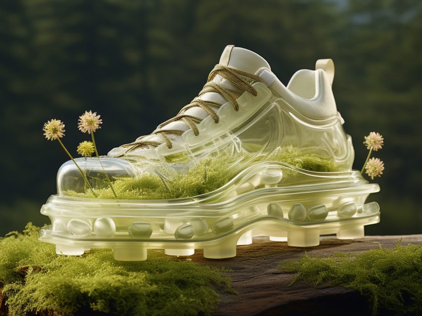 Visualisation of a shoe design in colours of green and yellow, with flowers around it.