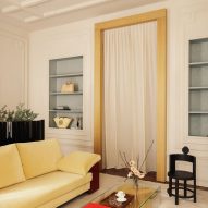 Oak framed doorway and yellow velvet sofa Boygars store