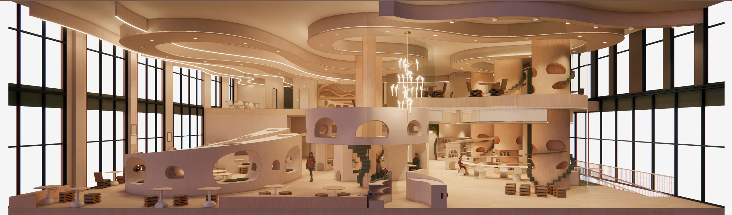 A visualisation of a large interior space in circular shapes and beige tones, with large windows either side.