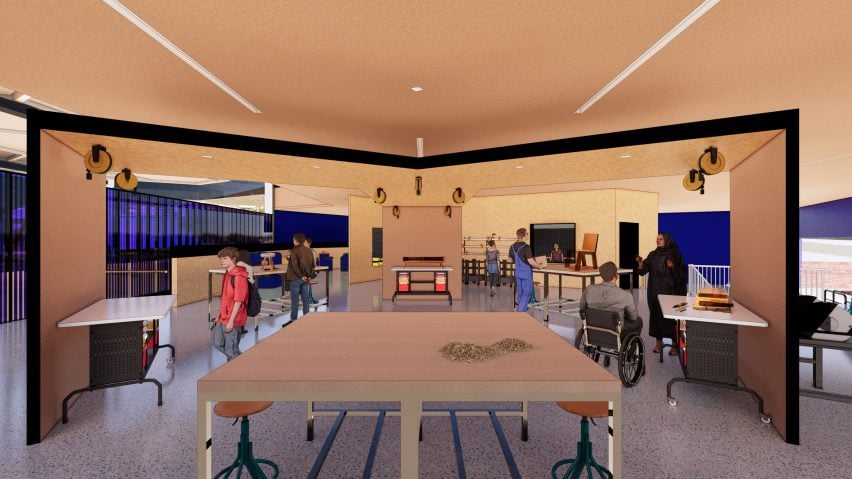 A visualisation of an interior space with tables around it and people interacting. It features colours of beige, red and blue.