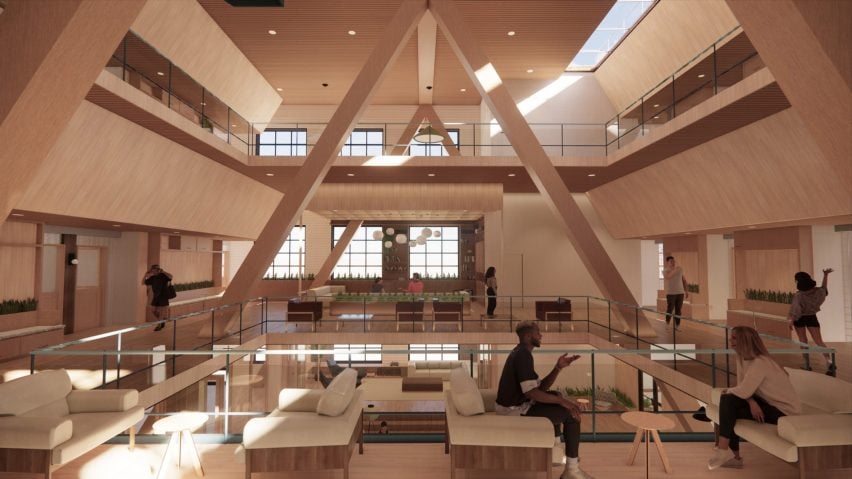 Visualisation of an interior space in brown tones with a large triangular structure in the centre, and tables, chairs and people seen throughout.