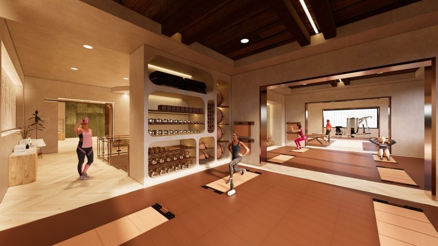A visualisation of a gym in brown tones, with people throughout the space.