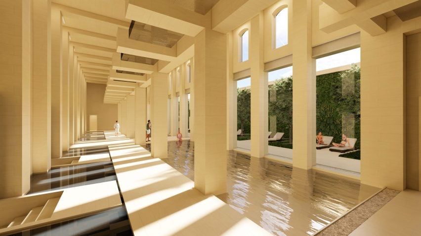 A visualisation of a spa in bright white and yellow tones, with pillars throughout and a swimming pool by a large window. Through the window people can be seen on chairs by a vast greenery.