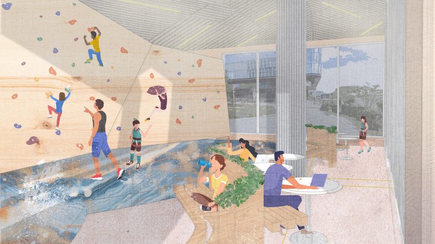 An illustration of a gym space in colours of beige, grey, blue, yellow and red, with people on a bouldering wall, and others sat at tables.