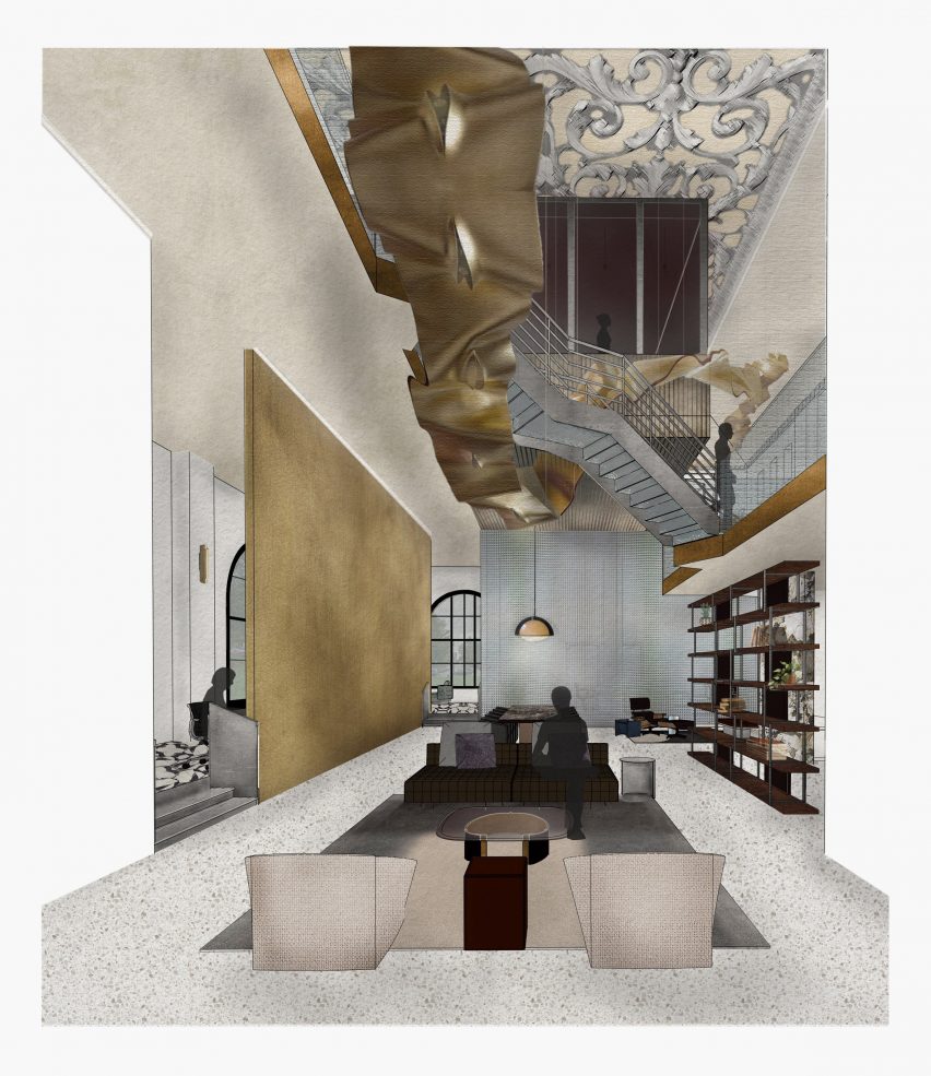 Visualisation of an interior space displaying chairs, figures, shelves and a bookcase, with gold walls and black and grey colours throughout.
