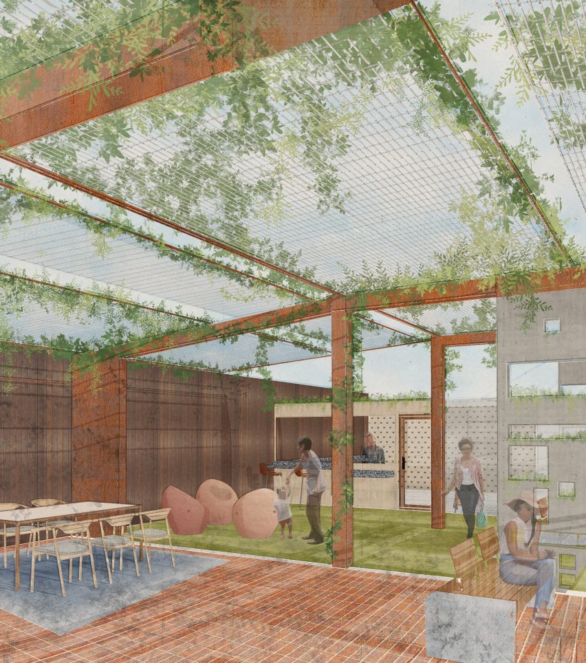 A visualisation of an exterior with people in the space, various seating and brown wooden beams with green plants around them.