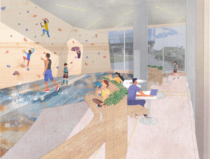 An illustration of a gym space in colours of beige, grey, blue, yellow and red, with people on a bouldering wall, and others sat at tables.